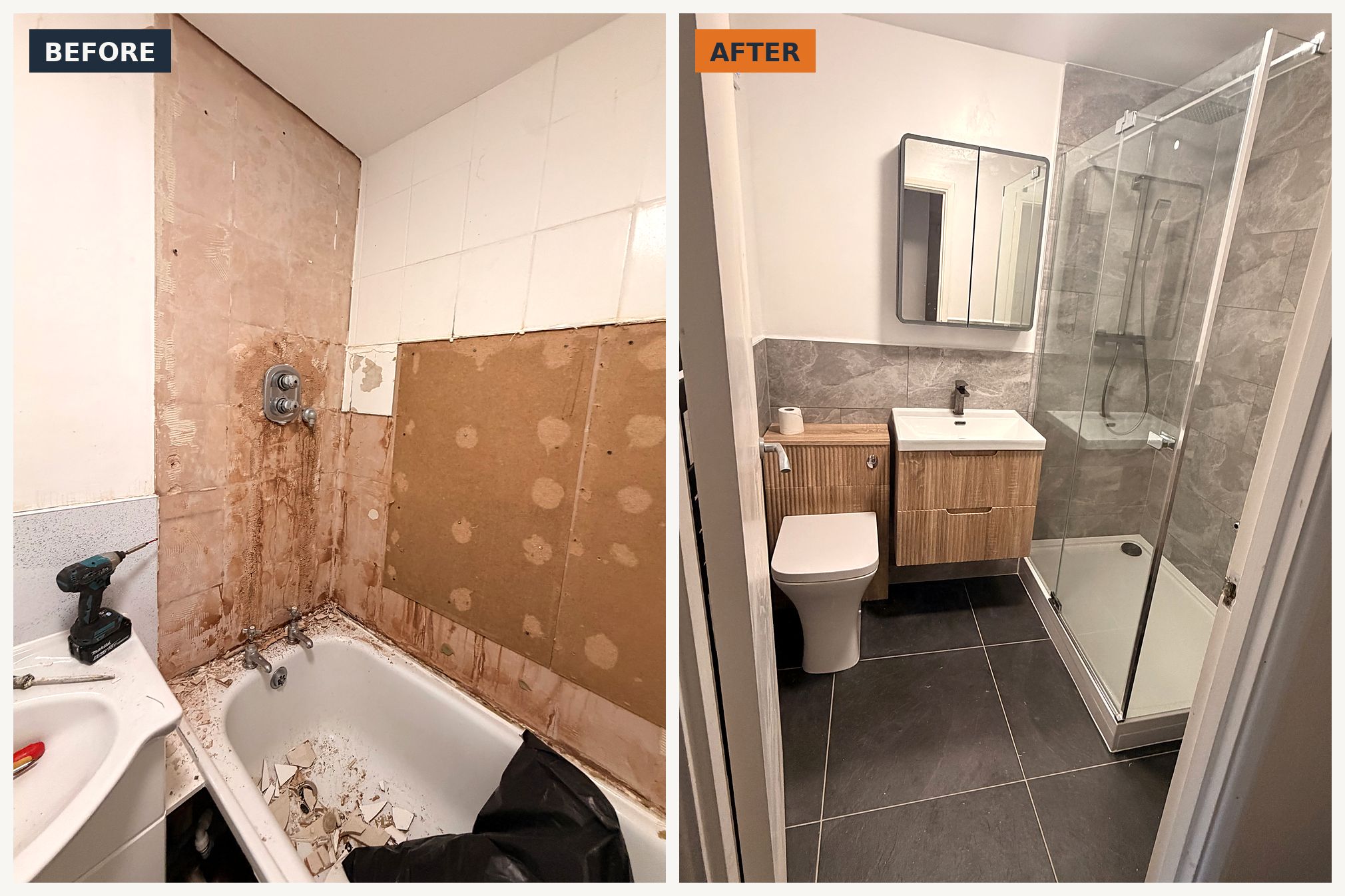 Shower room refit, before and after