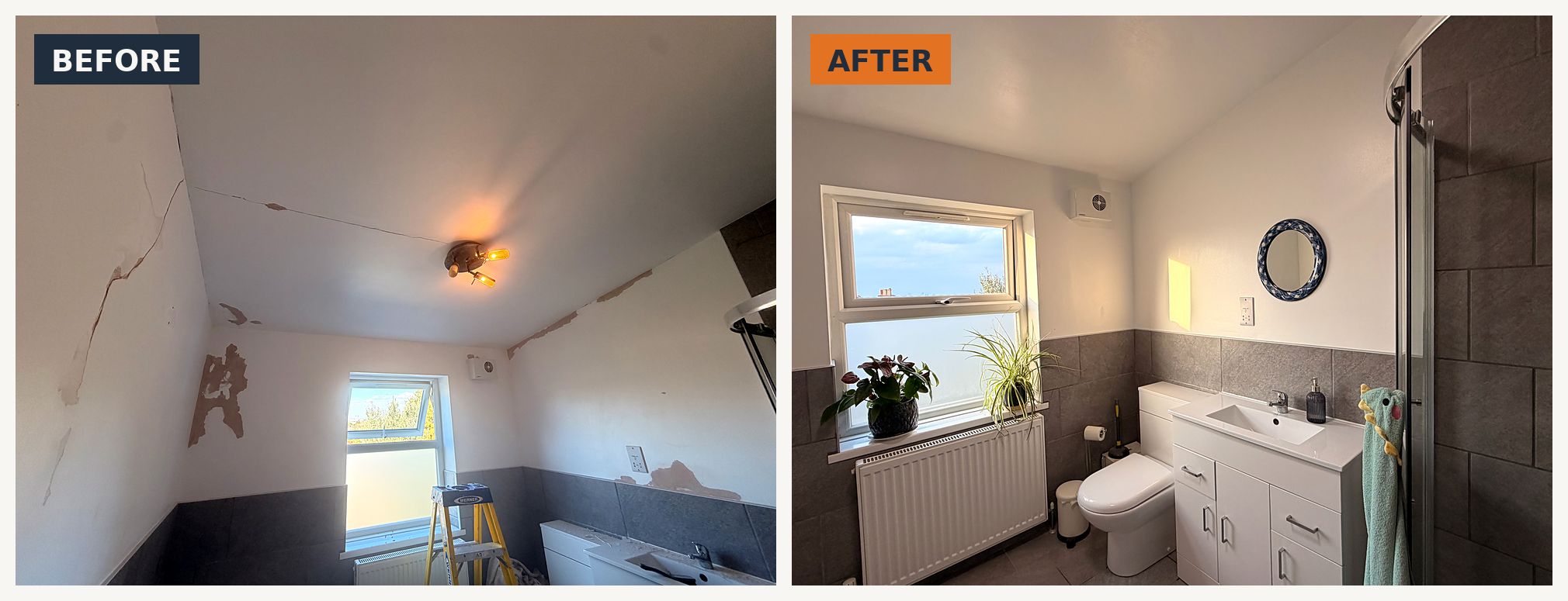 Damp-damaged bathroom, before and after