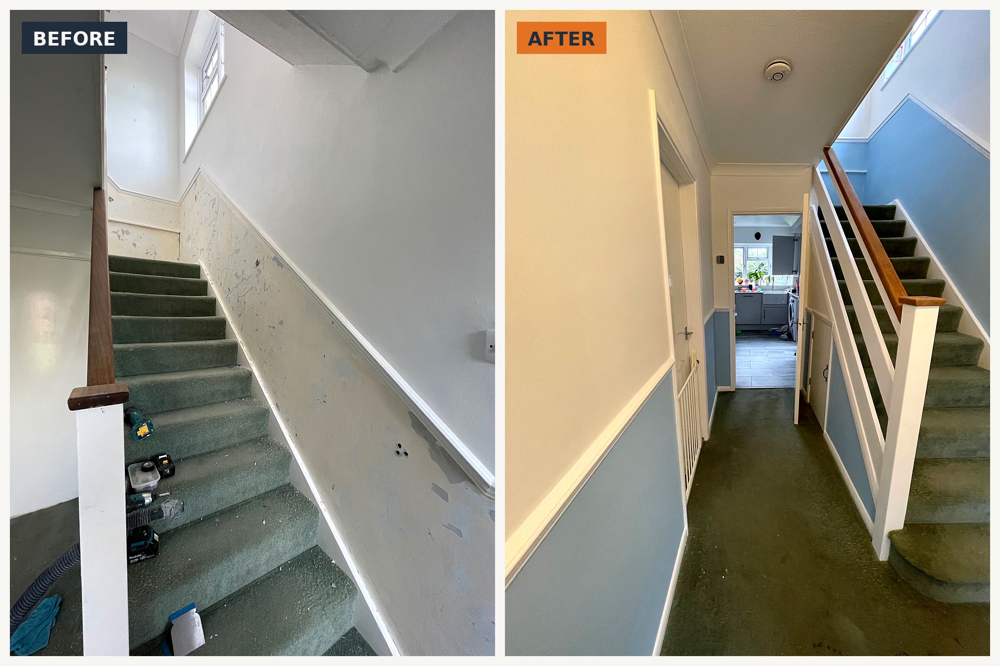 Hallway and stairs, before and after