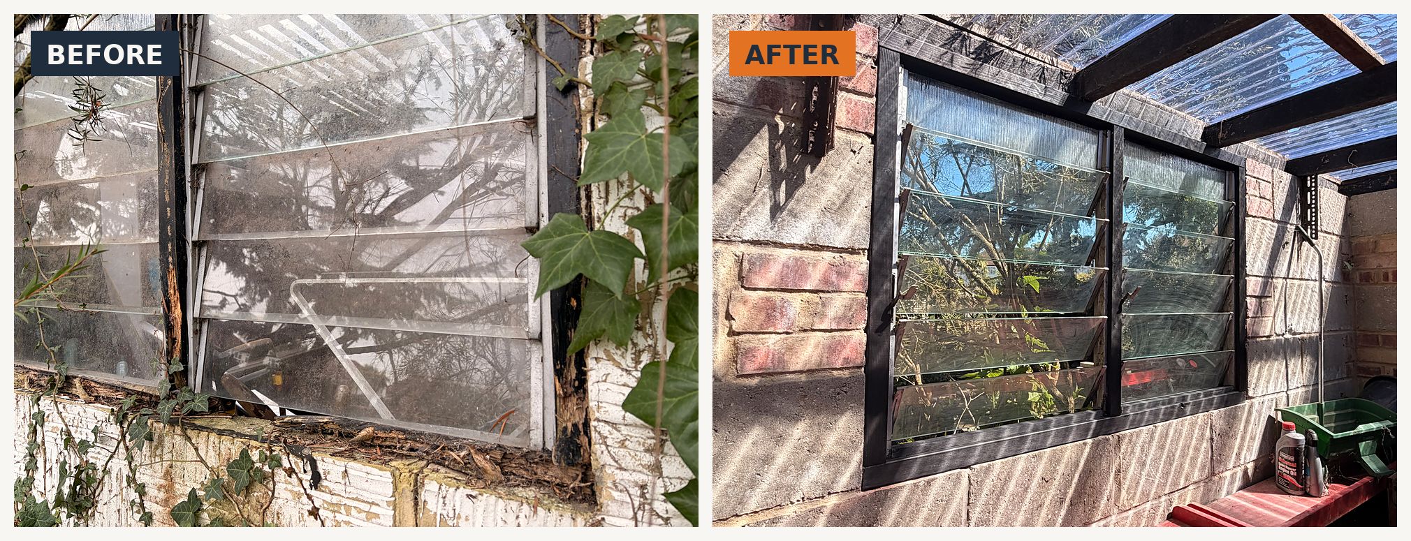 Lean-to louvre windows, before and after