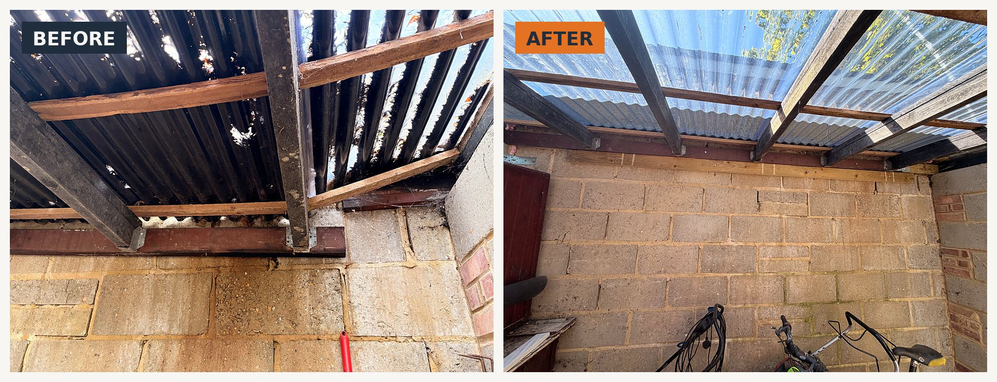 Lean-to roof repair, before and after