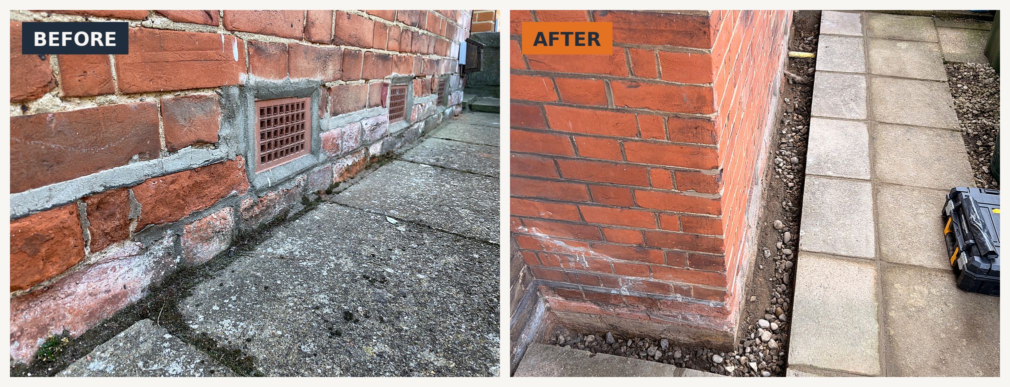 Paving cut back from the wall, before and after